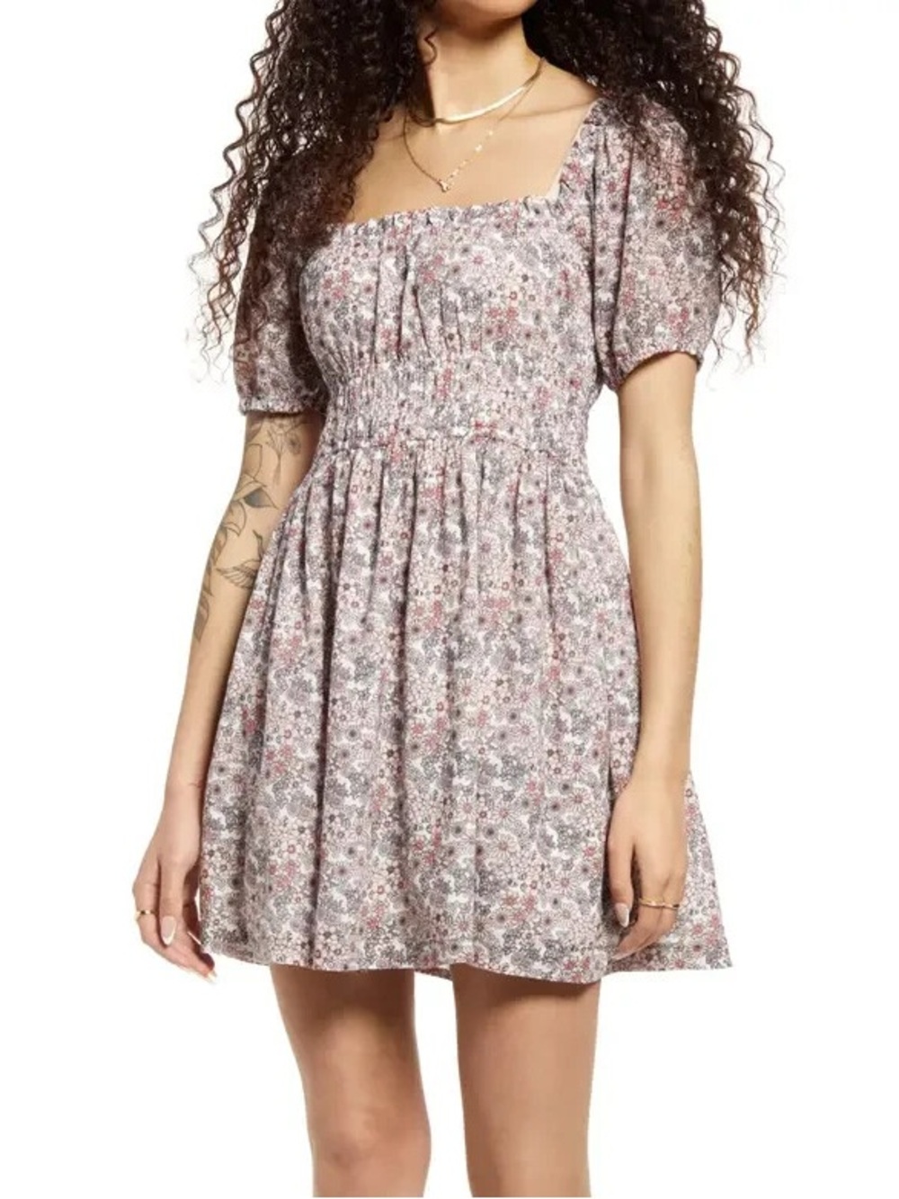 BP Floral Print Shirred Puff Sleeve Cotton Prairie Mini Dress Size Small